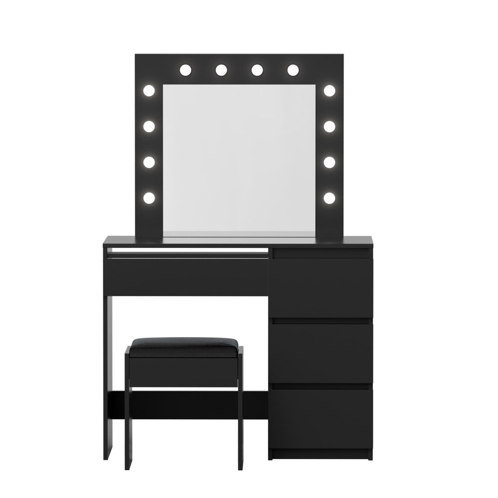 Hollywood Black Dressing Table Set 12 LED Bulbs with Stool
