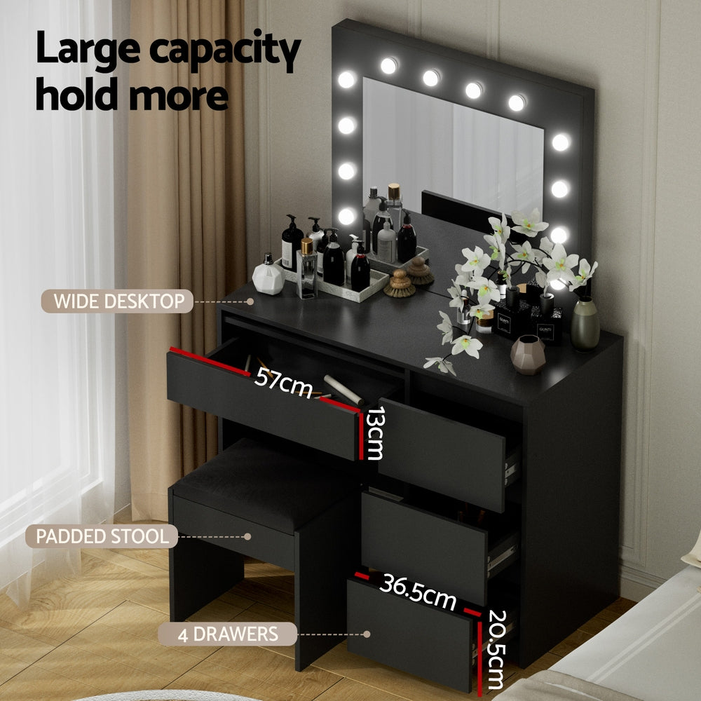 Hollywood Black Dressing Table Set 12 LED Bulbs with Stool