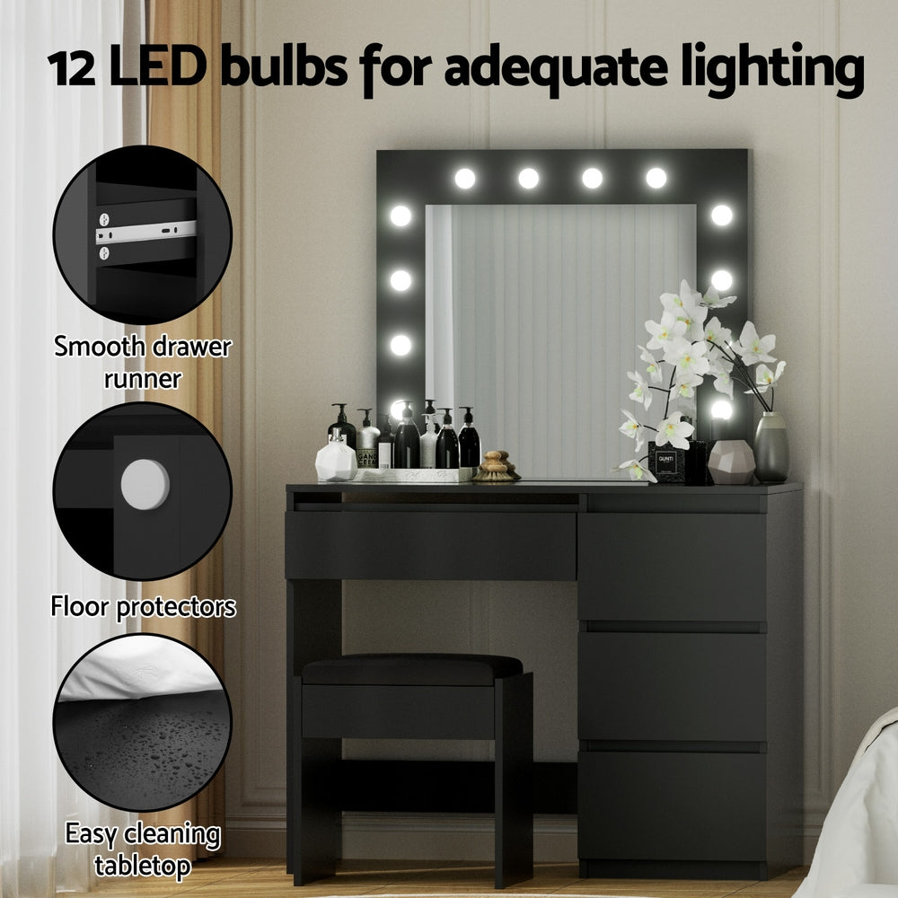 Hollywood Black Dressing Table Set 12 LED Bulbs with Stool
