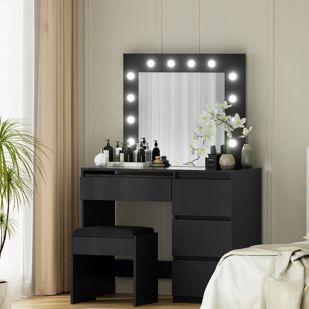 Hollywood Black Dressing Table Set 12 LED Bulbs with Stool