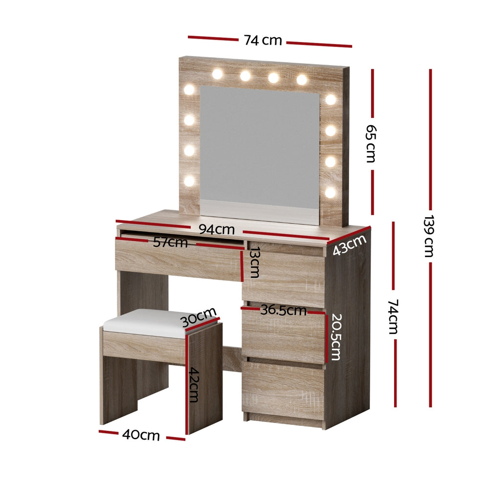 Hollywood Wood Dressing Table Set 12 LED Bulbs with Stool