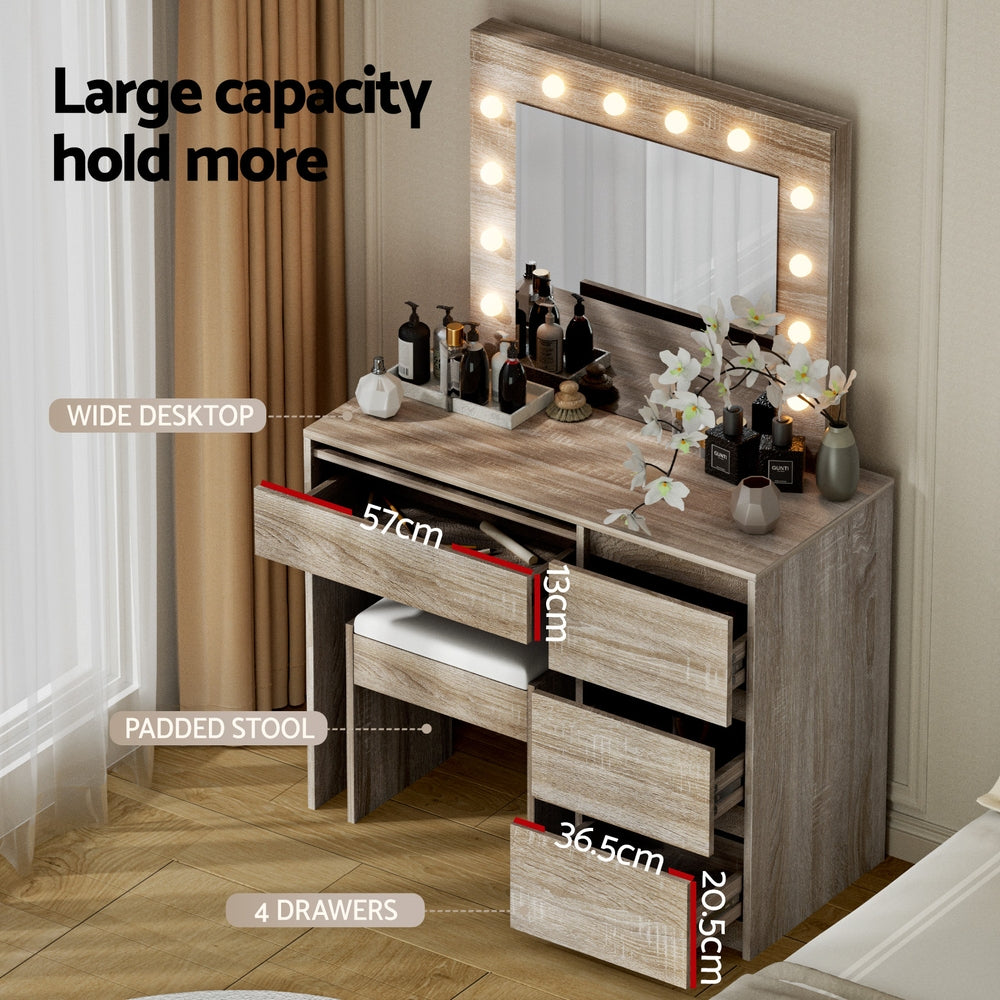 Hollywood Wood Dressing Table Set 12 LED Bulbs with Stool