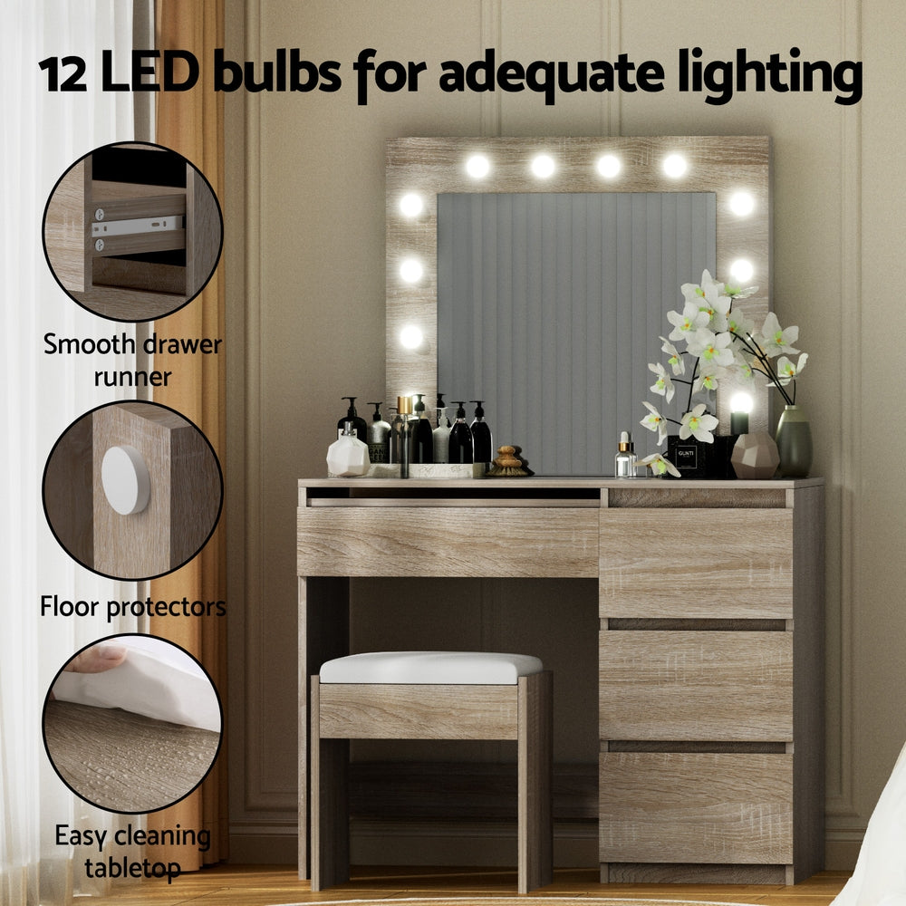 Hollywood Wood Dressing Table Set 12 LED Bulbs with Stool