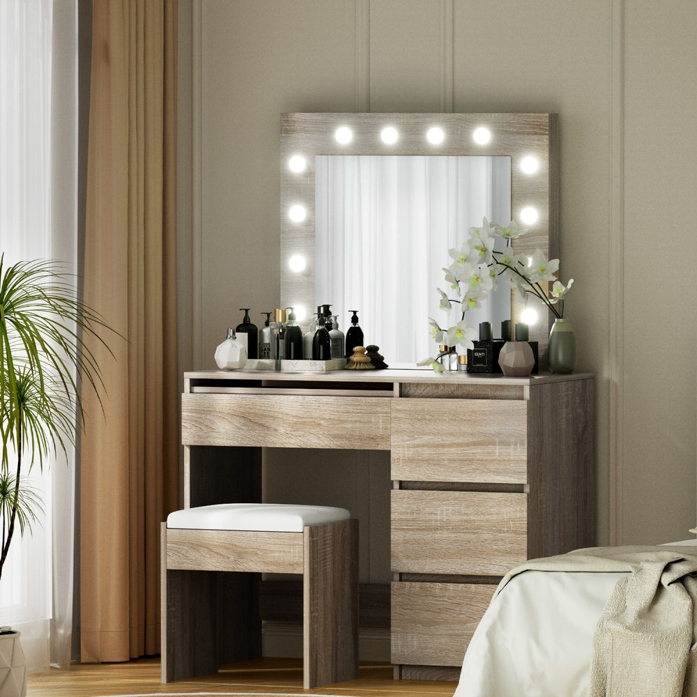 Hollywood Wood Dressing Table Set 12 LED Bulbs with Stool
