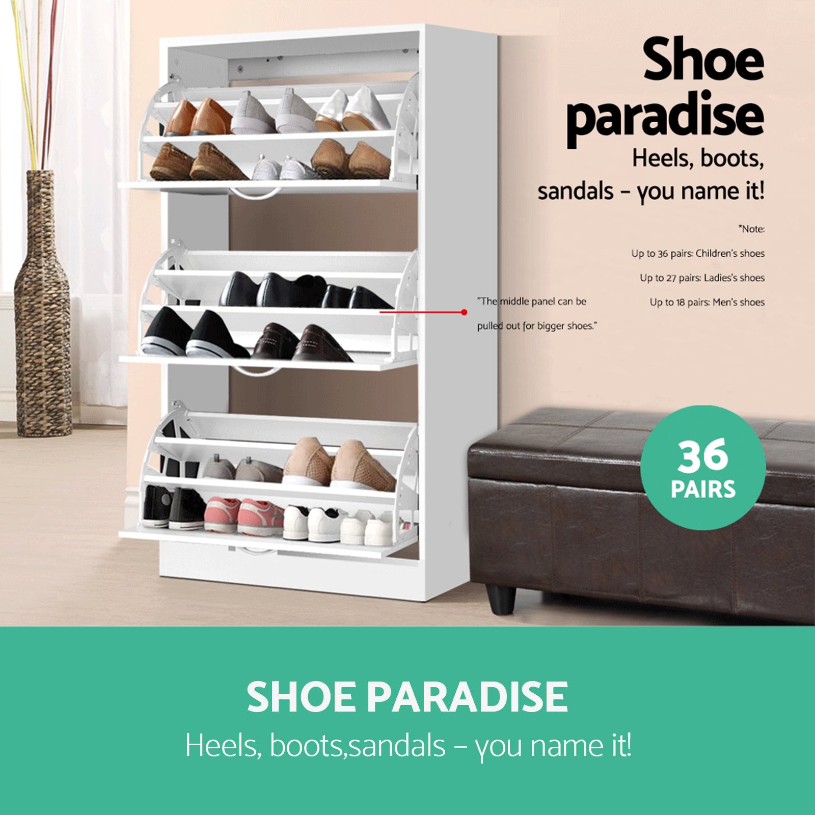 Ivy Shoe Rack Cabinet 36 Pairs Adjustable Shelves White
