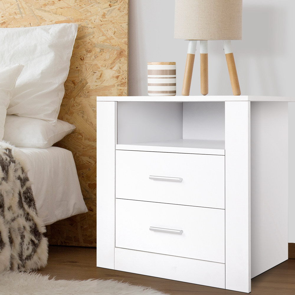 TARA White Bedside Table 2 Drawers Shelf