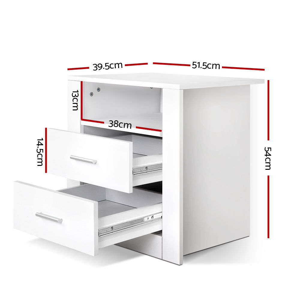 TARA White Bedside Table 2 Drawers Shelf