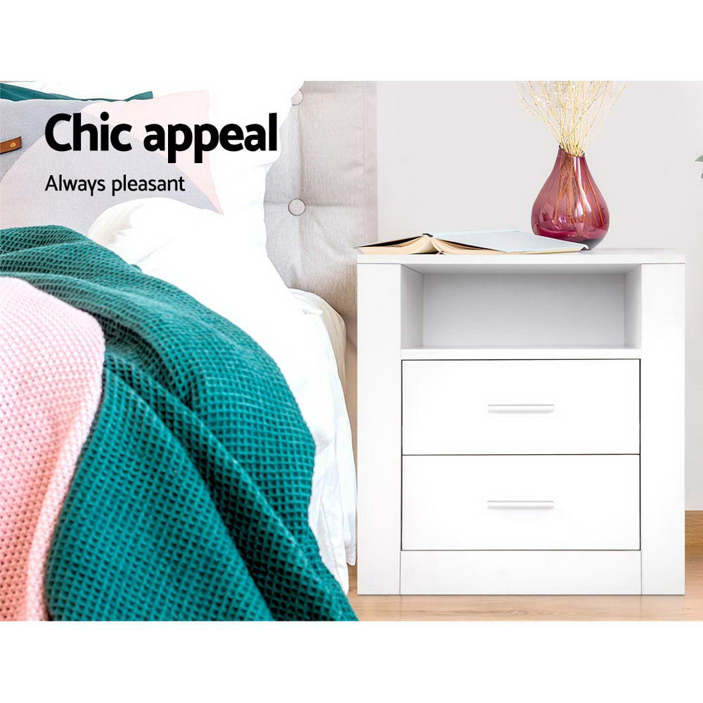 TARA White Bedside Table 2 Drawers Shelf