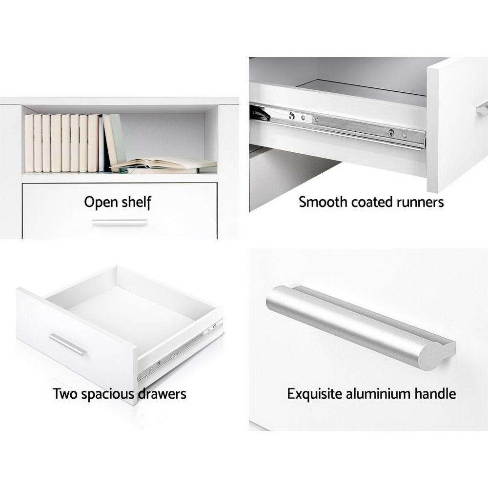 TARA White Bedside Table 2 Drawers Shelf