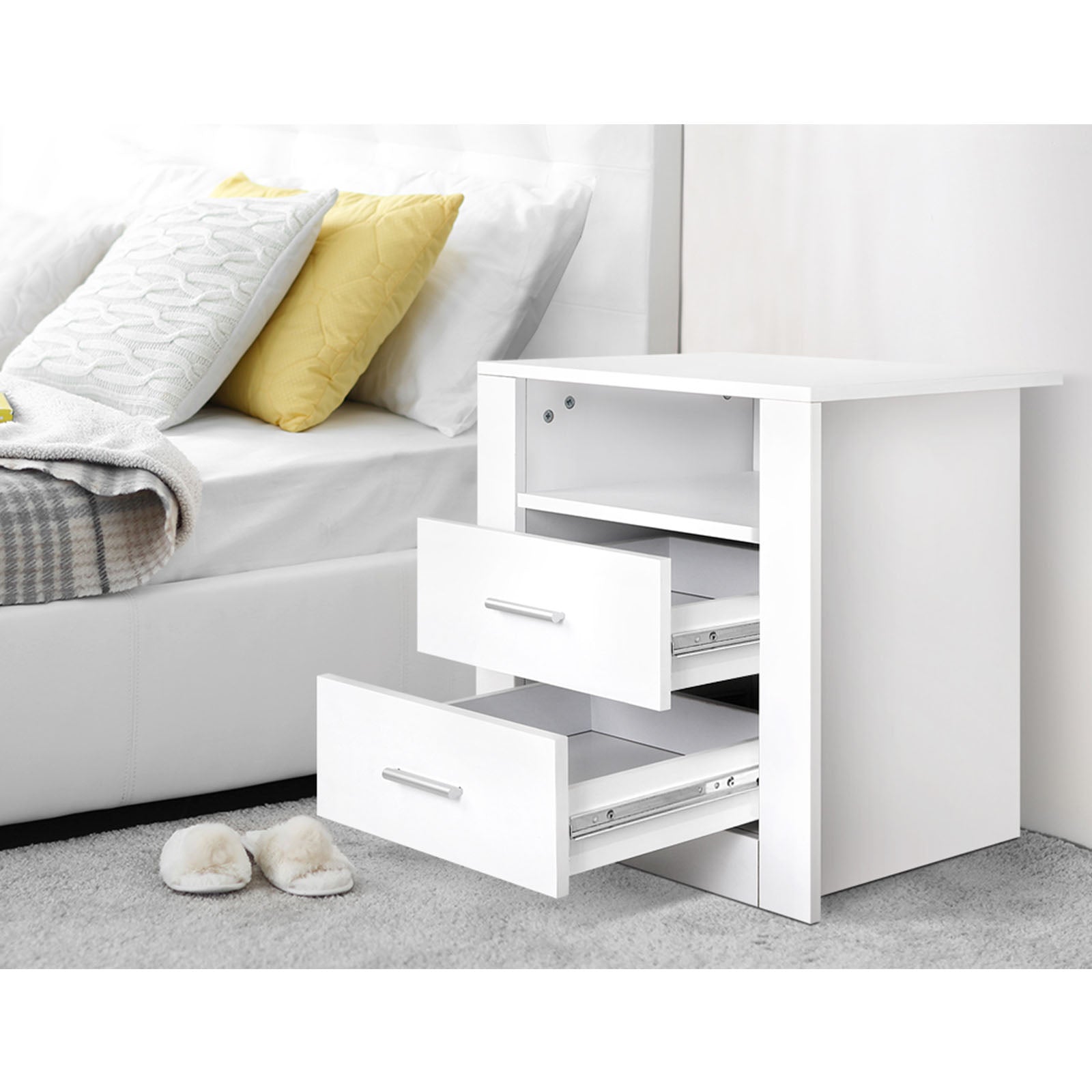 TARA White Bedside Tables Set of 2 with Drawers and Shelf