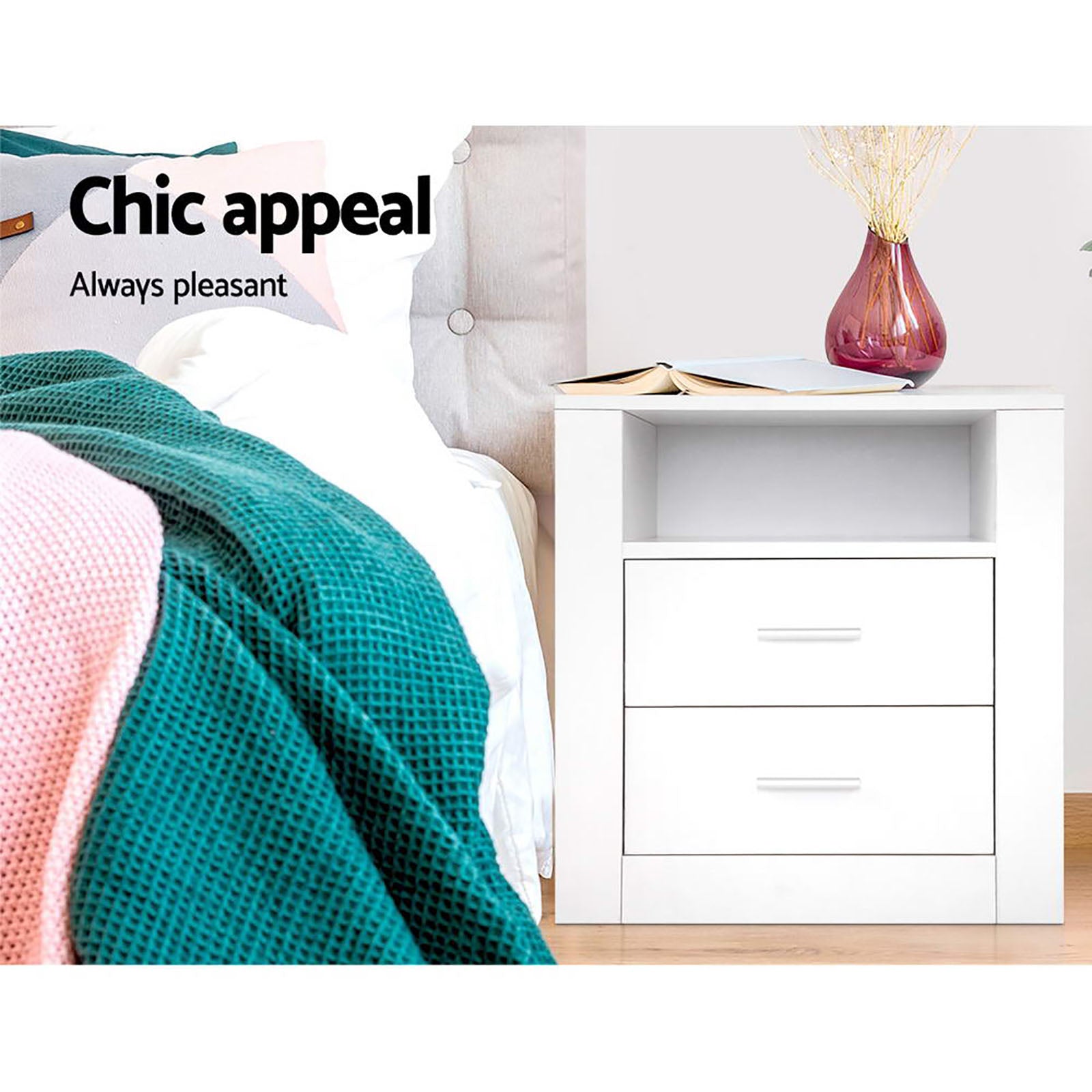 TARA White Bedside Tables Set of 2 with Drawers and Shelf