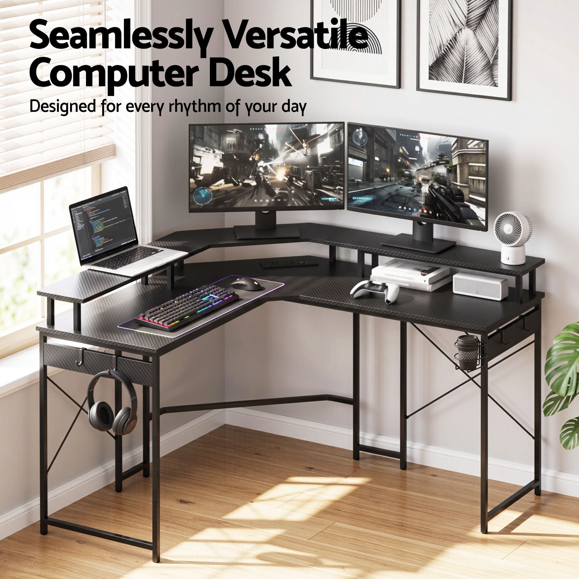 Artiss L-Shape Gaming Desk Computer Desks RGB LED Power Outlet 130cm Black