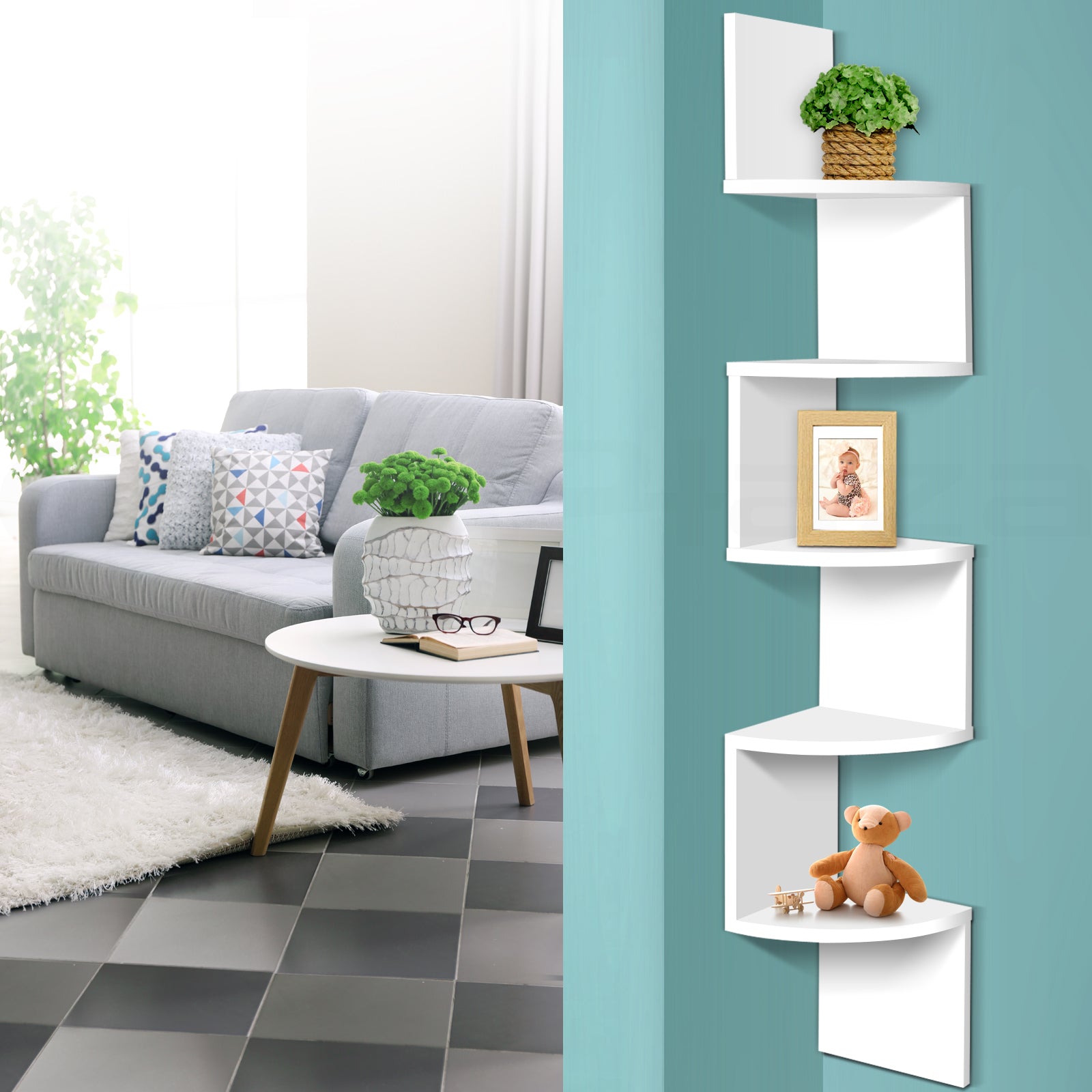 Artiss 5-Tier Corner Floating Wall Shelf White