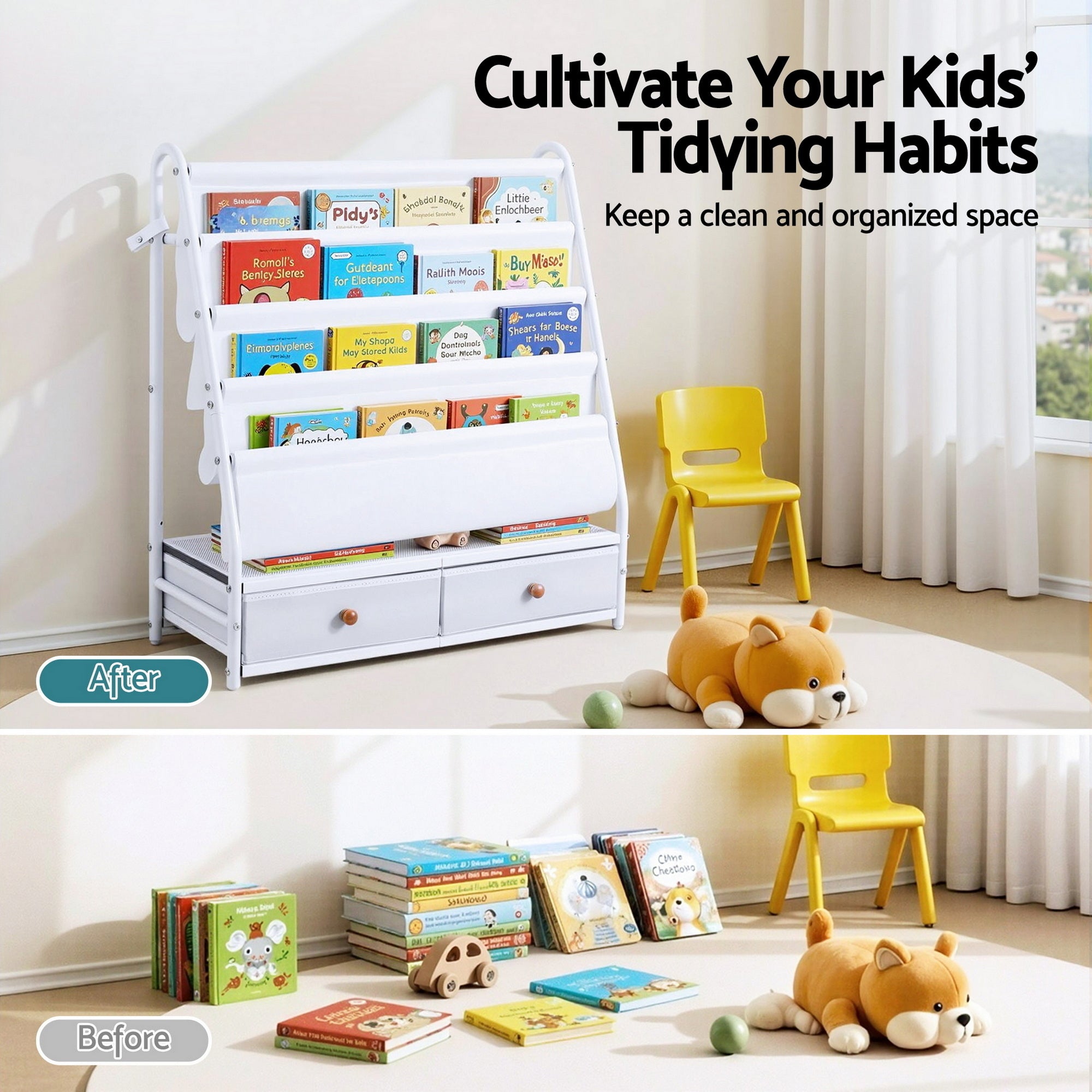 Keezi Kids Bookshelf Metal Storage Rack Toy Organiser Display Shelf Drawer White