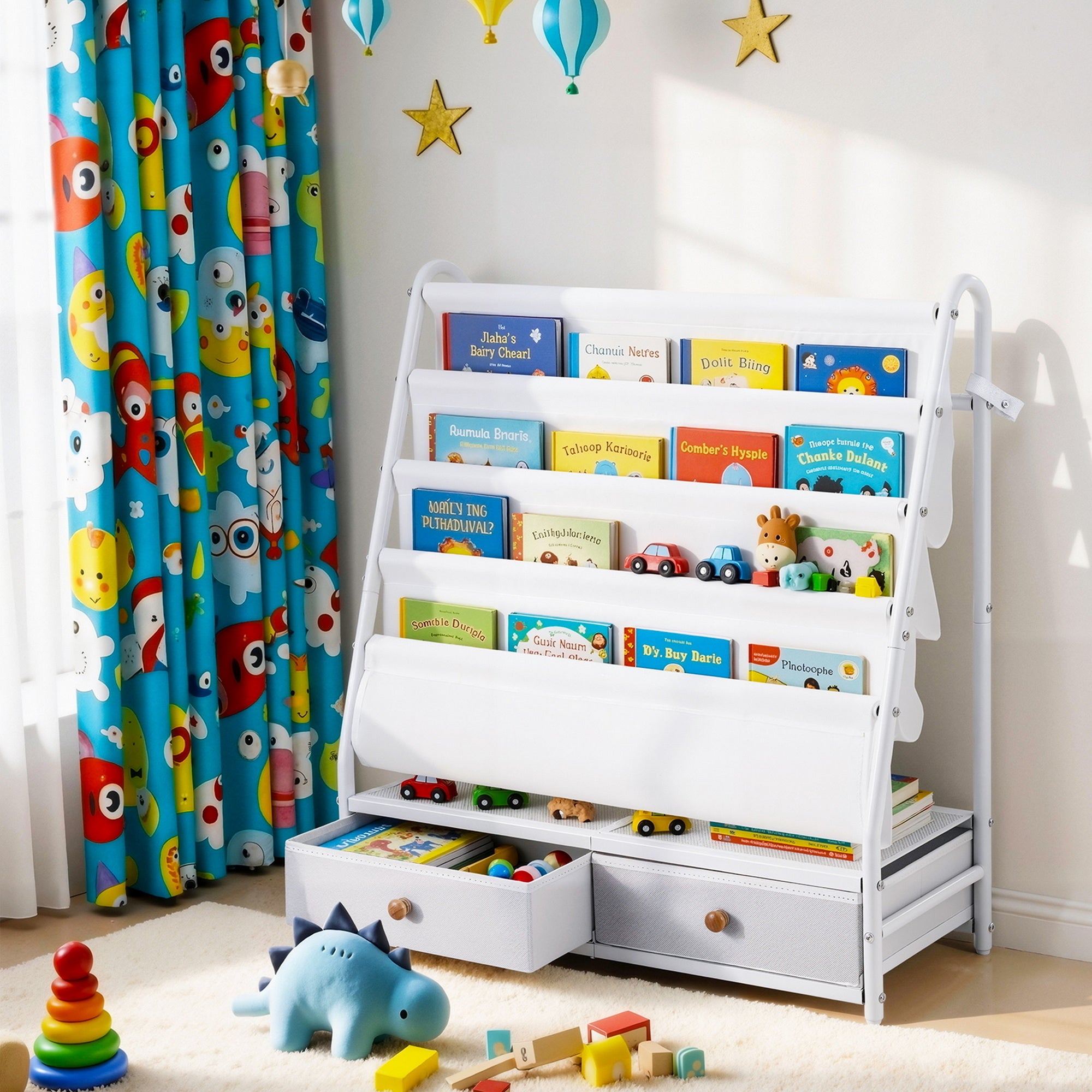Keezi Kids Bookshelf Metal Storage Rack Toy Organiser Display Shelf Drawer White