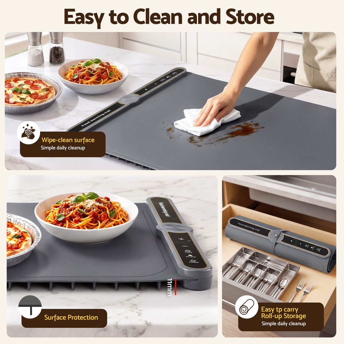 Devanti Food Warming Mat 80cm Roll Up Buffet Tray Grey