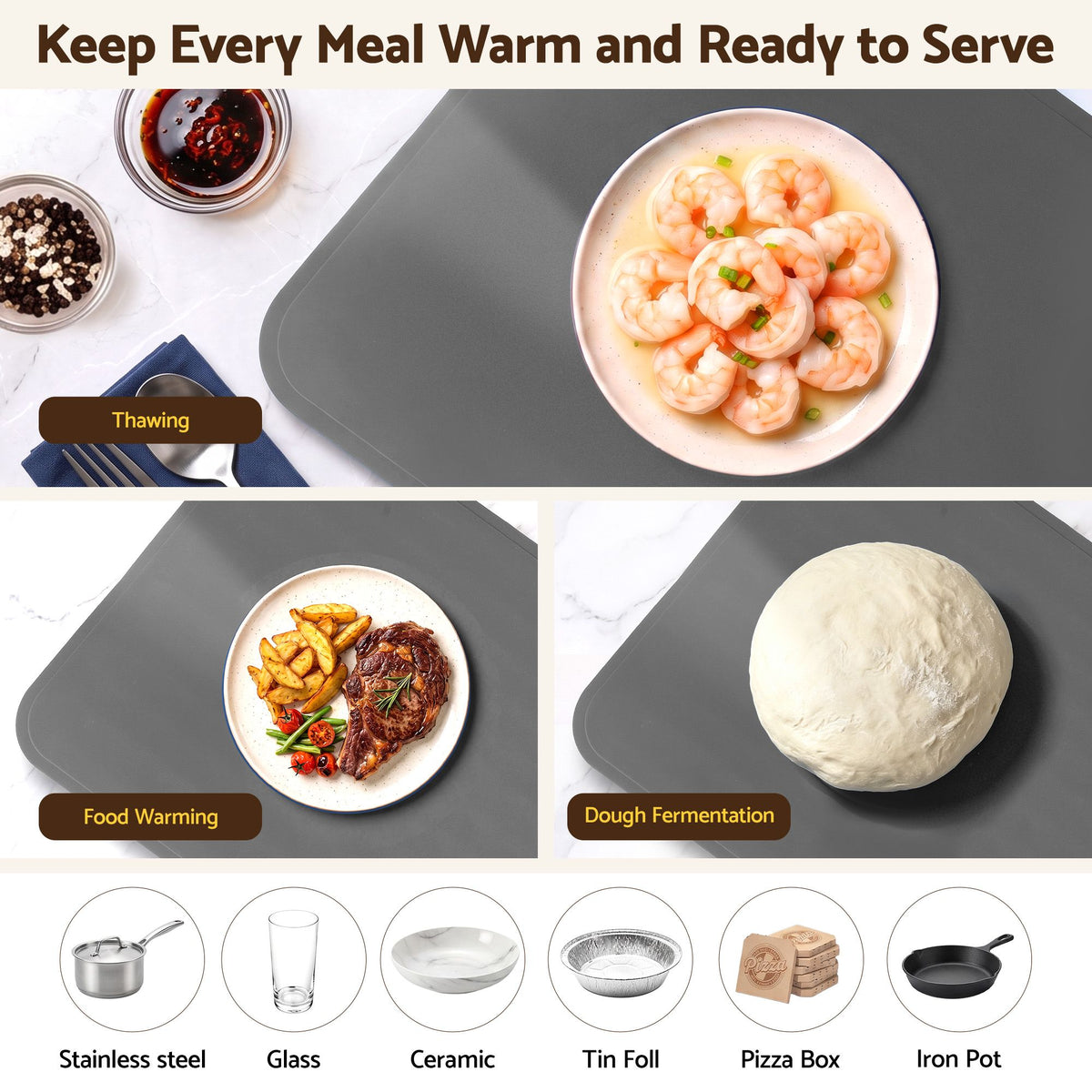 Devanti Food Warming Mat 80cm Roll Up Buffet Tray Grey