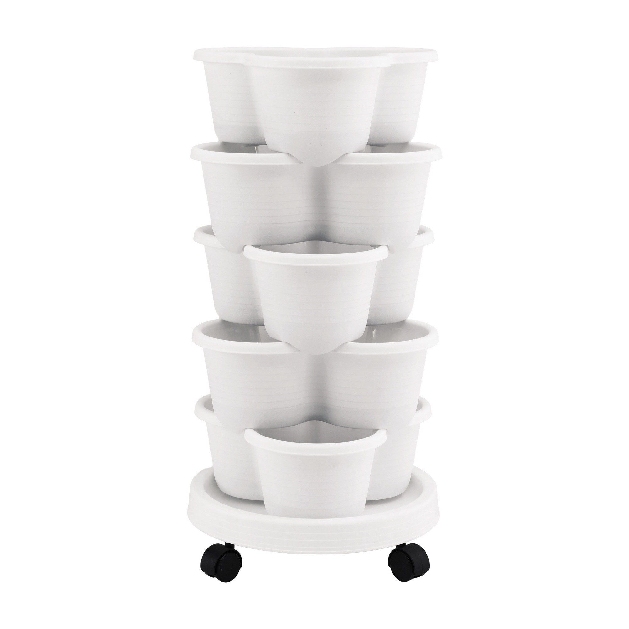 Green Fingers 5 Tier Vertical Garden Planter, Stackable Planters with Wheels, White, Garden Bed, Garden Tower Indoor Outdoor, Auto Drainage System, for Strawberries, Herbs, Flowers, Vegetables