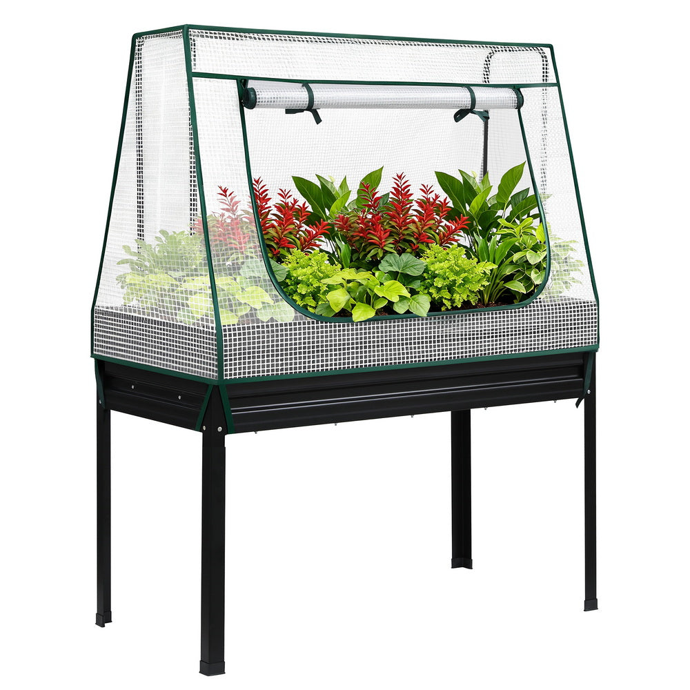 Green Fingers Elevated Metal Garden Bed Kit w Mini Greenhouse Cover 116x60cm Stand-Up Height Trellis