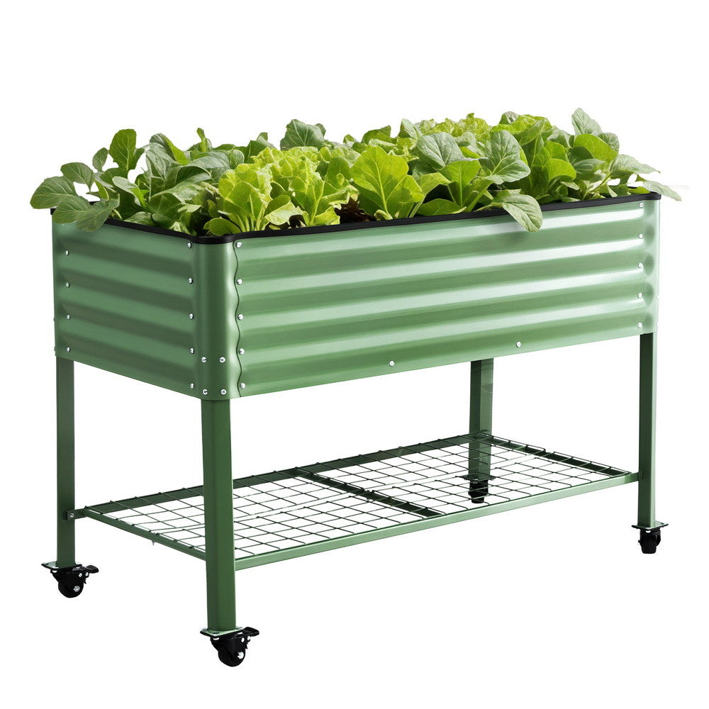 Green Fingers Elevated Raised Garden Bed Kit Mobile w/ Locking Wheels & Storage Shelf 100KG Max Load 115x60x81cm | Galvanized Steel, Portable Green Organizer for Seniors, Patio, Balcony, Vegetables