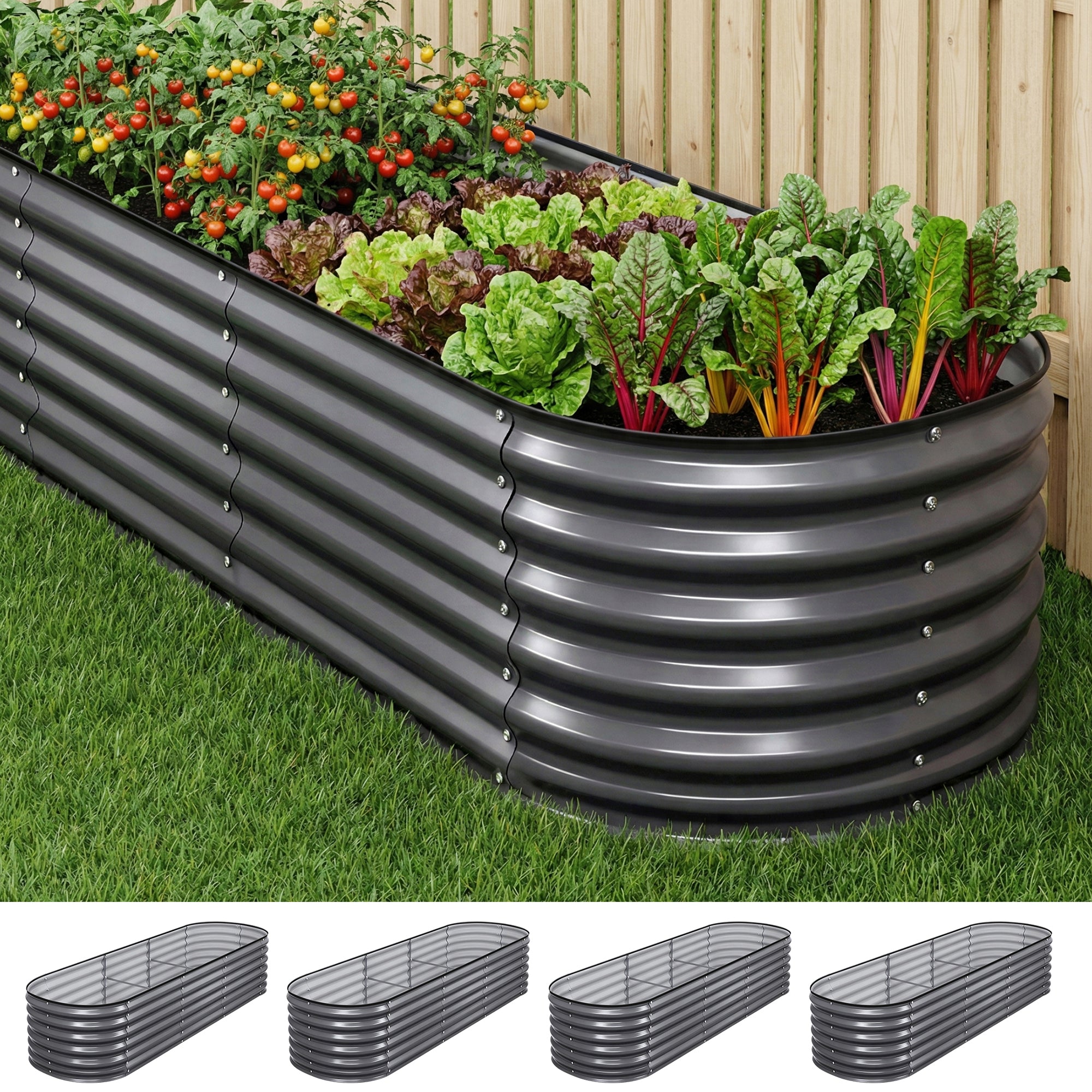 Green Fingers 4 Pcs Raised Garden Bed Kit Oval Galvanized Steel Planter Boxes 240x80x56cm, Heavy Duty Metal Elevated Garden Bed for Vegetables Flowers Herbs, with Safety Edging, Gloves & Pegs Included
