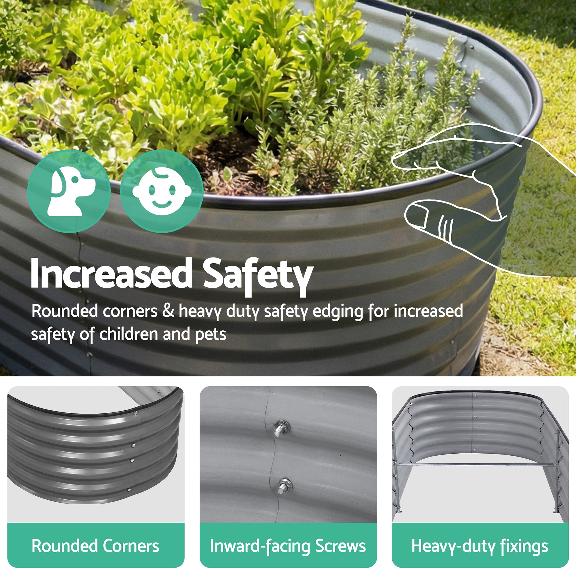 Green Fingers 4 Pcs Raised Garden Bed Kit Oval Galvanized Steel Planter Boxes 320x80x56cm, Heavy Duty Metal Elevated Garden Bed for Vegetables Flowers Herbs, with Safety Edging, Gloves & Pegs Included
