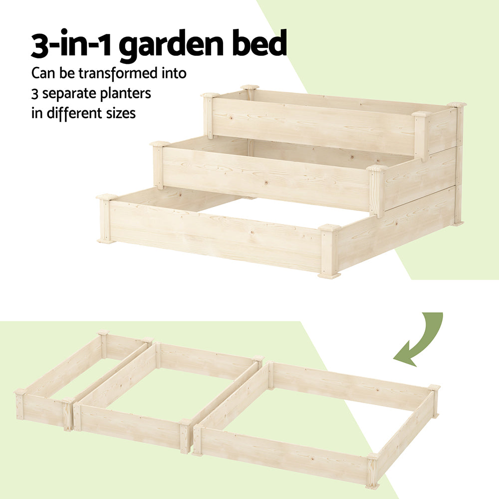 Versatile 3-Tier Wooden Raised Garden Bed, Fir Wood - Green Fingers