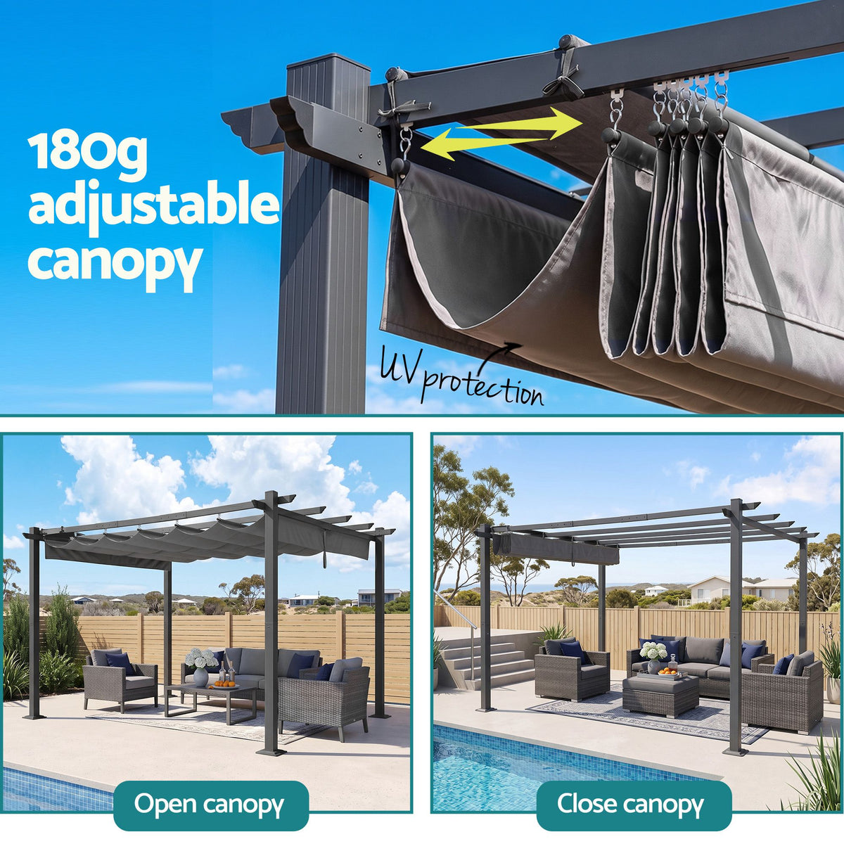 Instahut Gazebo Garden Pergola Aluminium Adjustable Canopy 3x4m Grey