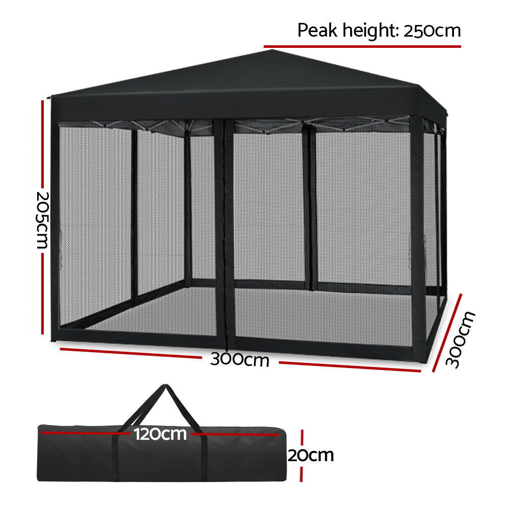 Instahut 3x3m Pop-Up Gazebo Wedding Party Tent Mesh Wall Black