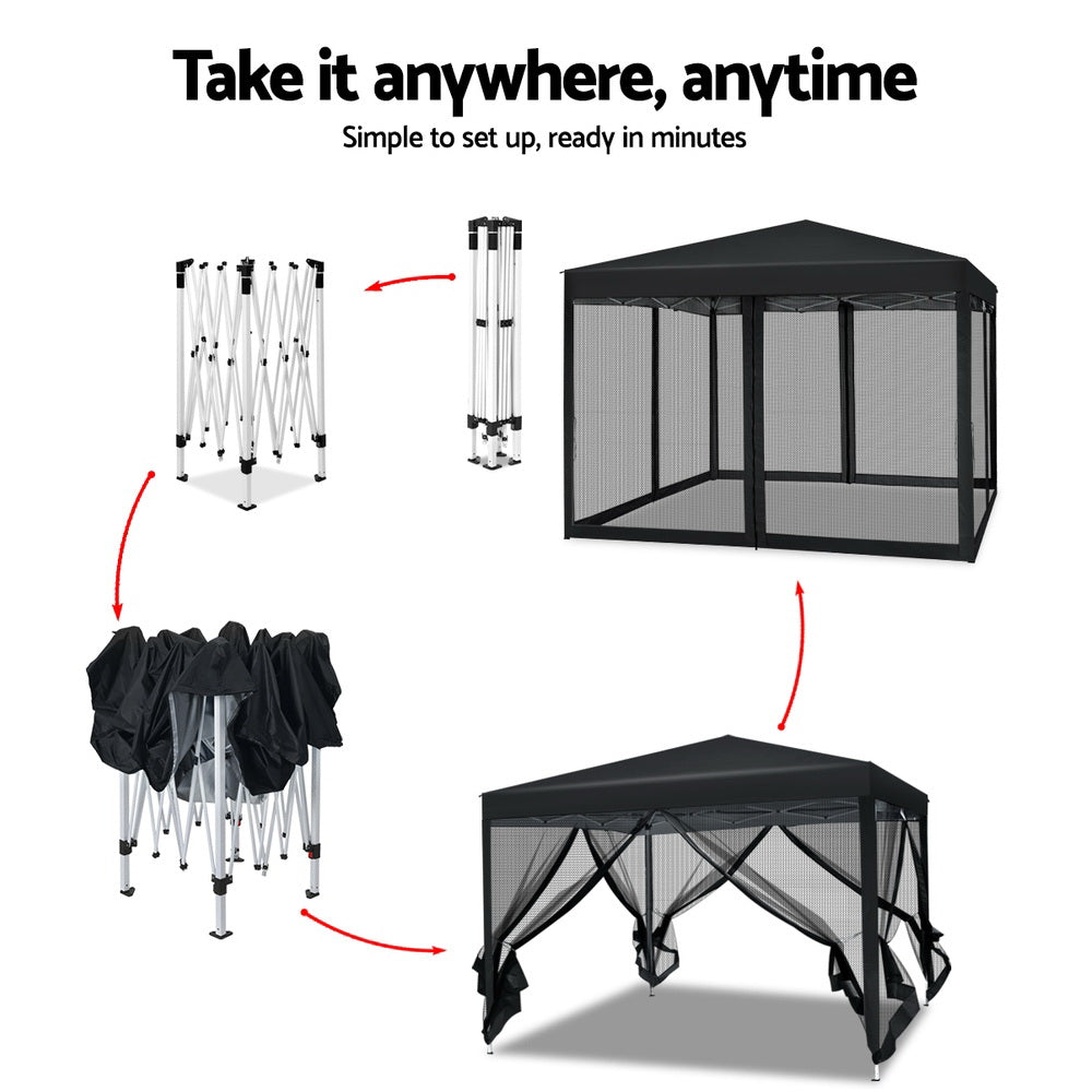 Instahut 3x3m Pop-Up Gazebo Wedding Party Tent Mesh Wall Black