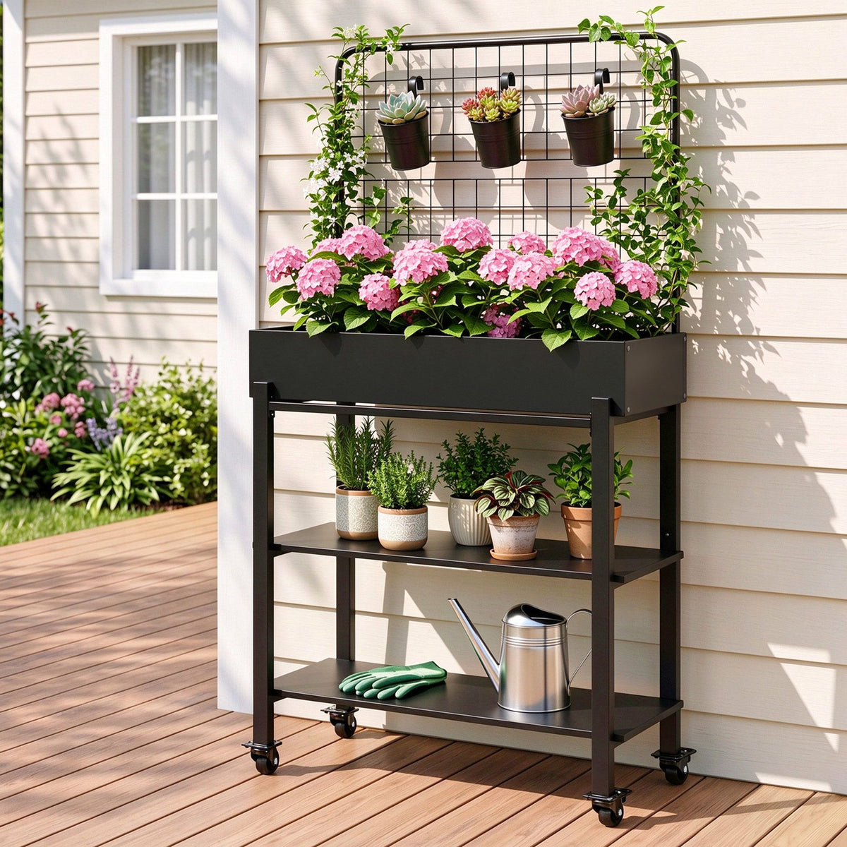 Green Fingers Mobile Raised Garden Bed with Trellis Dark Grey