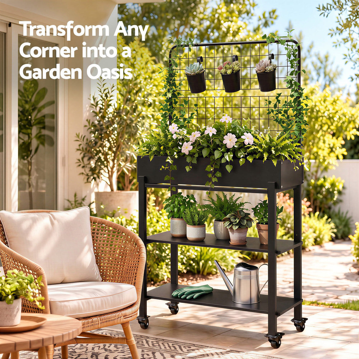 Green Fingers Mobile Raised Garden Bed with Trellis Dark Grey