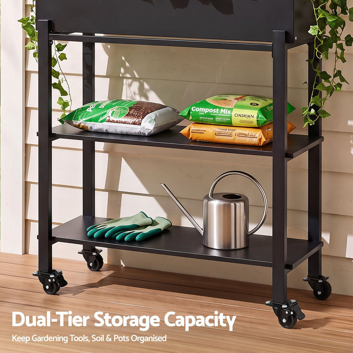 Green Fingers Mobile Raised Garden Bed with Trellis Dark Grey