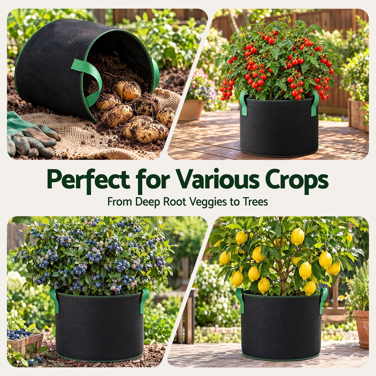 Green Fingers 57L Fabric Grow Bags 10 Pack Aeration Plant Pots