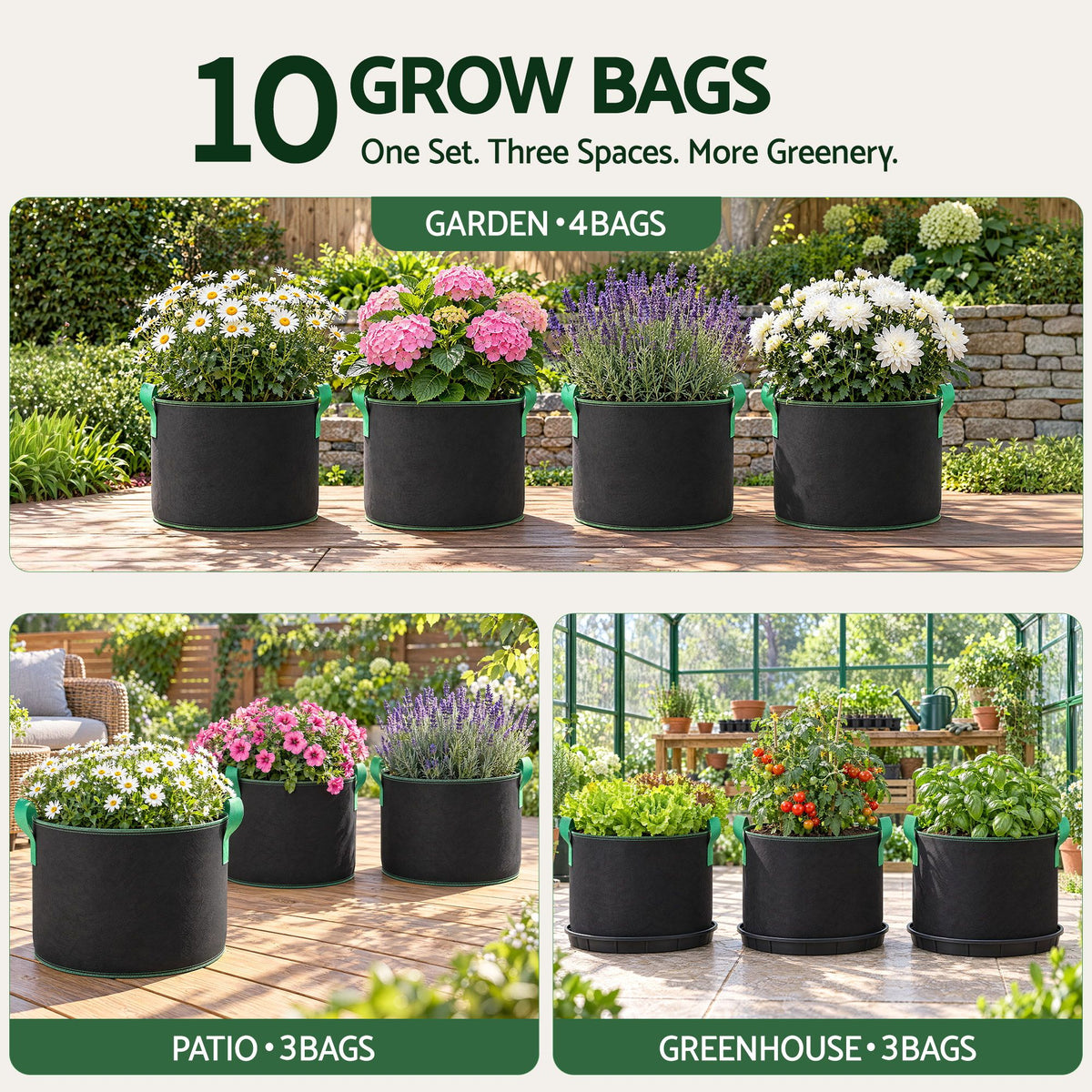 Green Fingers 57L Fabric Grow Bags 10 Pack Aeration Plant Pots