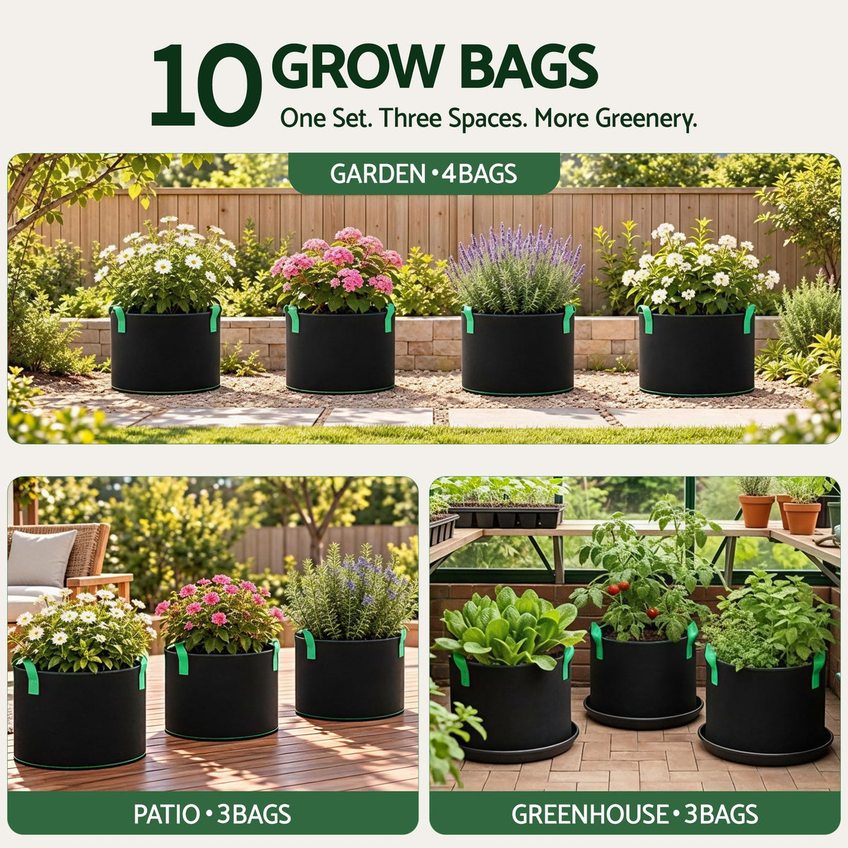 Green Fingers 10 Pack Fabric Grow Bags 75L Aeration Plant Pots