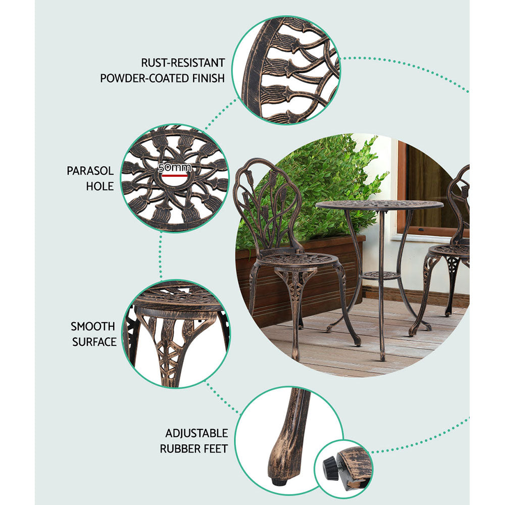 Gardeon 3PC Bistro Set Cast Aluminium Chairs Table Bronze