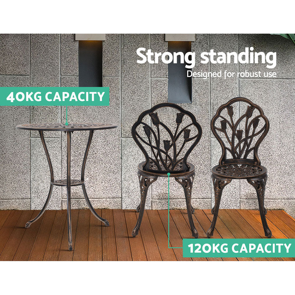 Gardeon 3PC Bistro Set Cast Aluminium Chairs Table Bronze