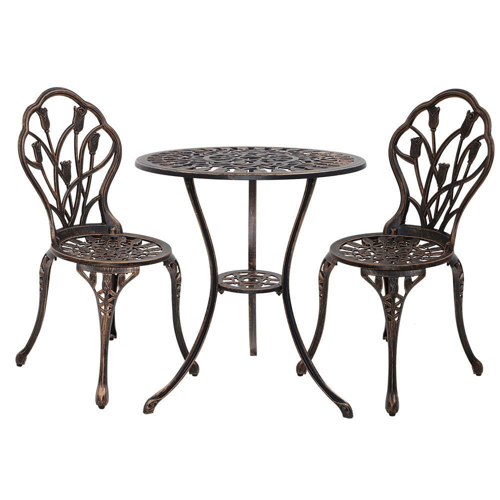 Gardeon 3PC Bistro Set Cast Aluminium Chairs Table Bronze