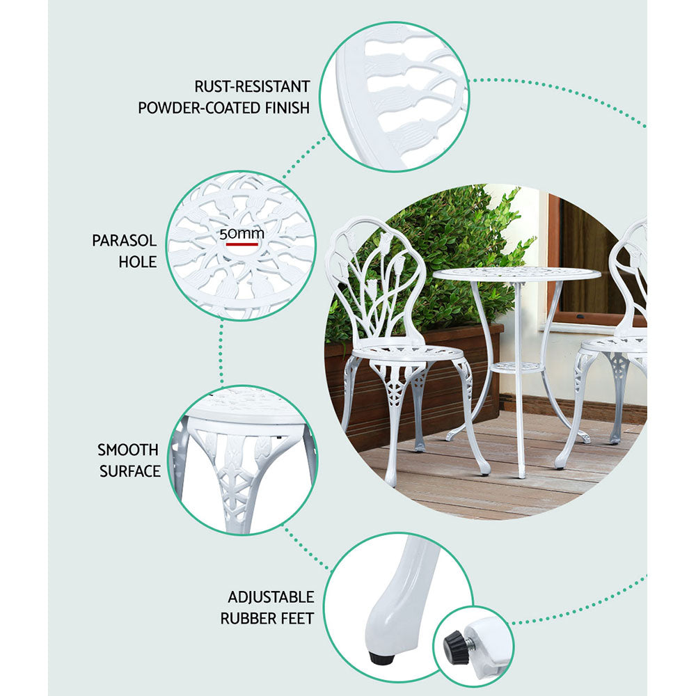 Gardeon 3PC Patio Bistro Set Cast Aluminium Tulip White