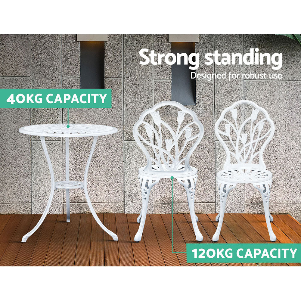 Gardeon 3PC Patio Bistro Set Cast Aluminium Tulip White