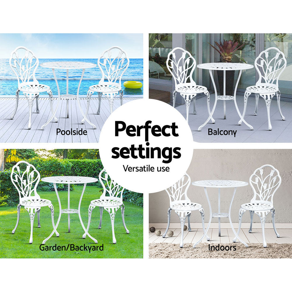 Gardeon 3PC Patio Bistro Set Cast Aluminium Tulip White