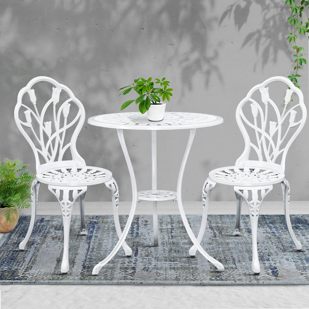 Gardeon 3PC Patio Bistro Set Cast Aluminium Tulip White
