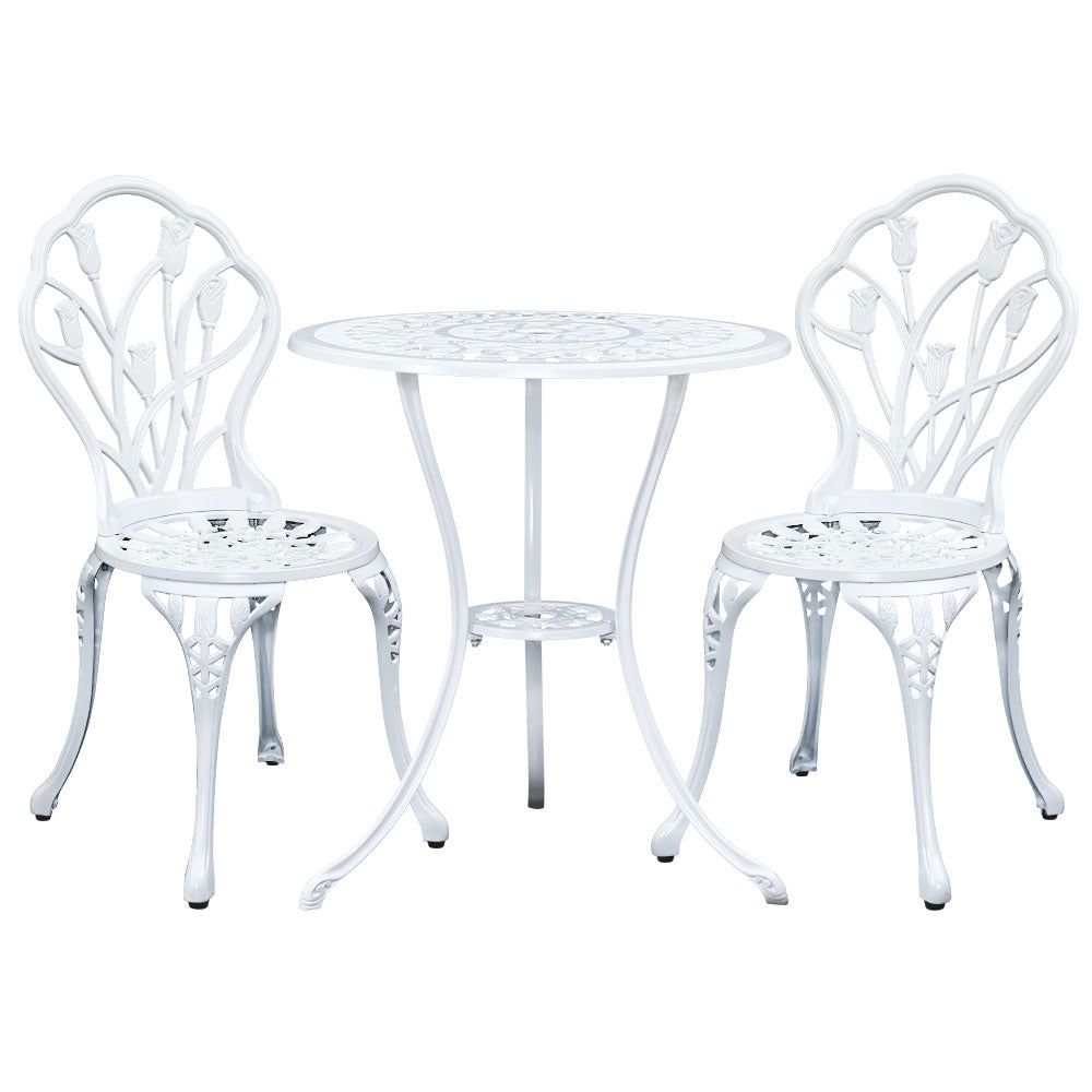 Gardeon 3PC Patio Bistro Set Cast Aluminium Tulip White