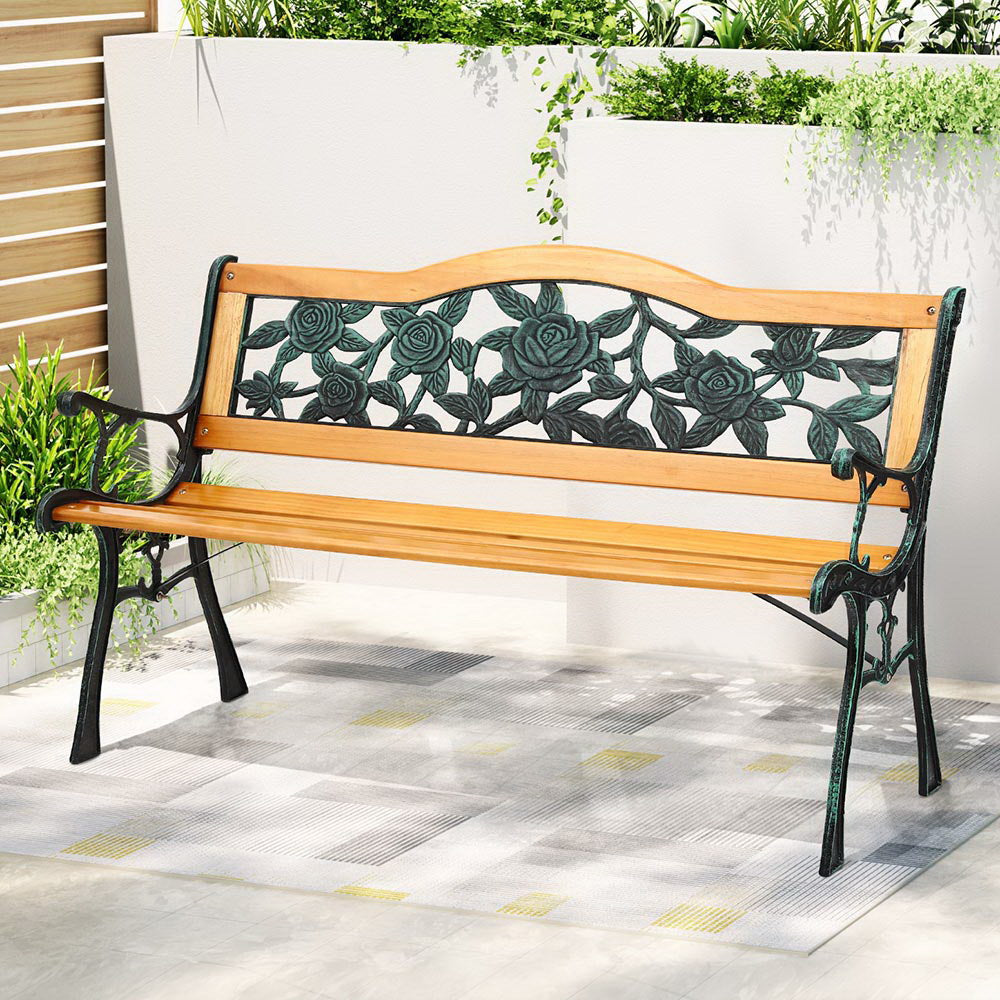 Gardeon Outdoor Garden Bench Seat 126cm Wooden Cast Iron 3 Seater Patio Furniture