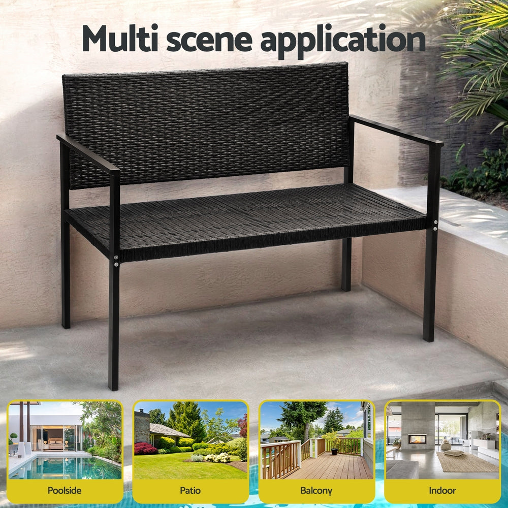Gardeon 2-Seater Outdoor Bench Rattan Steel Black