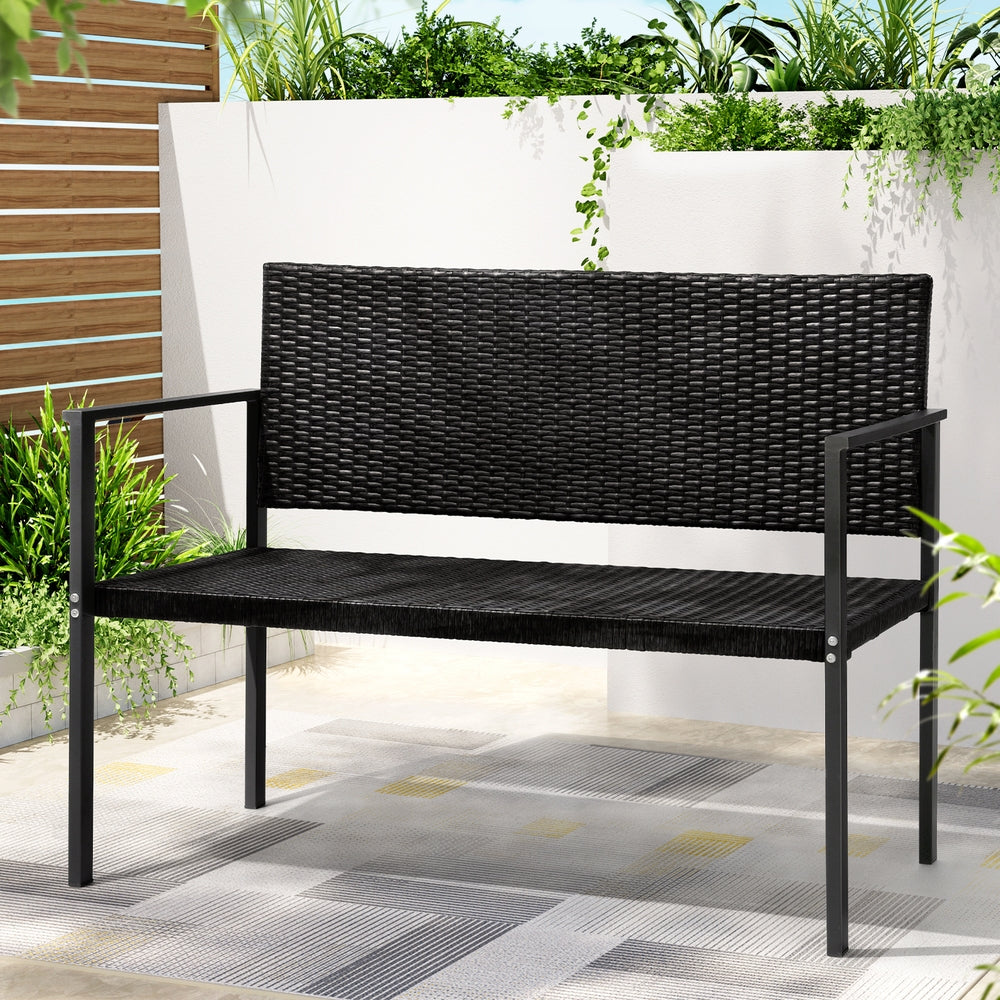 Gardeon 2-Seater Outdoor Bench Rattan Steel Black