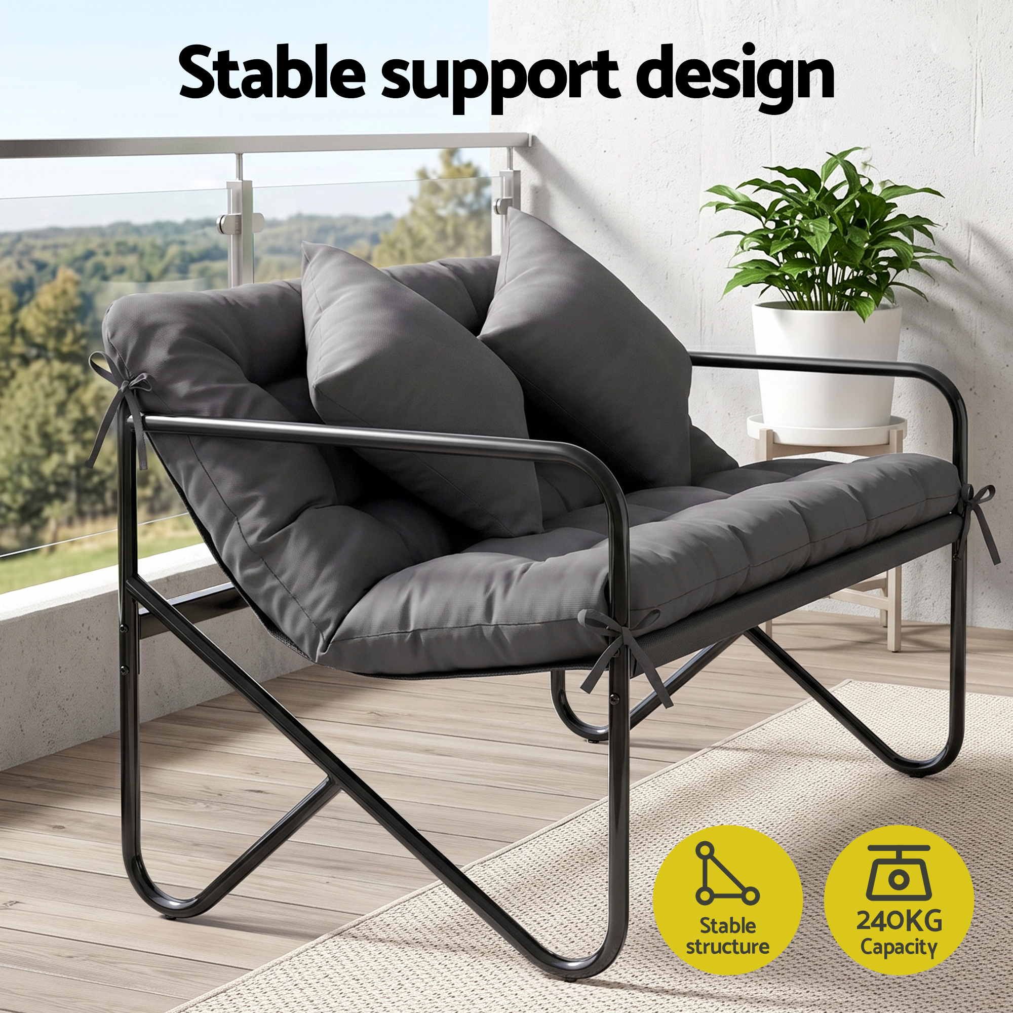 Gardeon Garden Bench 2 Seater Outdoor Bench Metal with Cushion 118cm Black