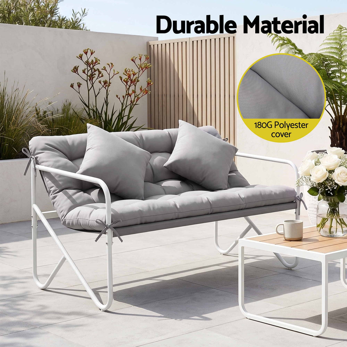 Gardeon Garden Bench 2 Seater Outdoor Bench Metal with Cushion 118cm Grey