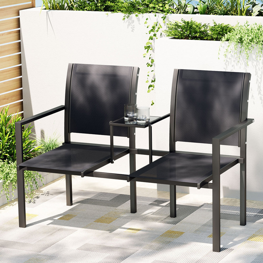Gardeon Outdoor Loveseat Bench Set Black Steel Textilene